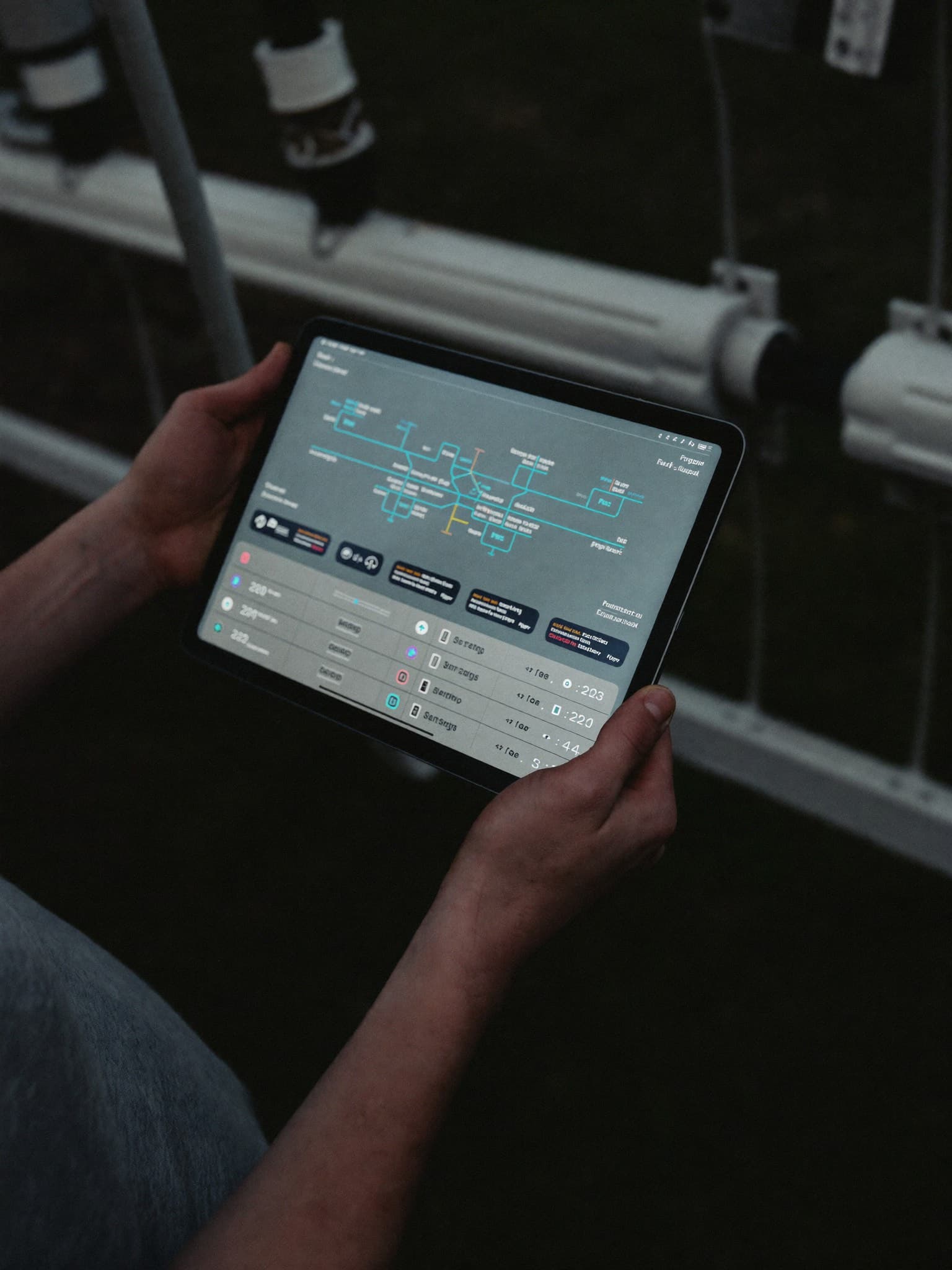 Engineer holding a tablet showing an energy dashboard
