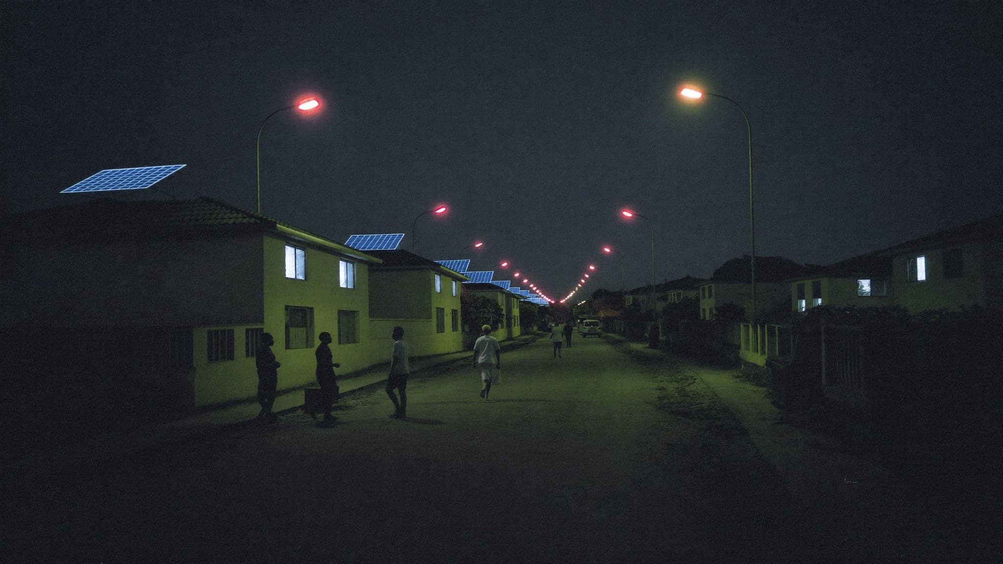 Residential street lit by solar streetlights at night