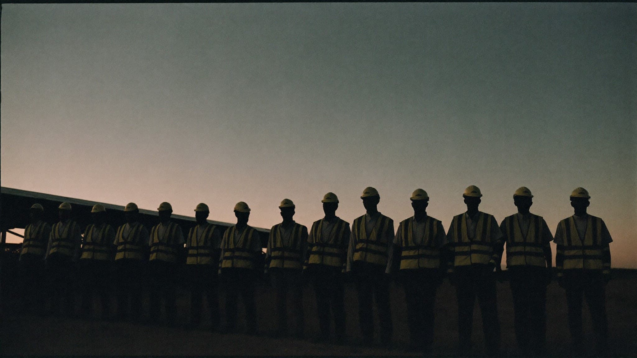 EDN team standing together at a solar farm at blue hour