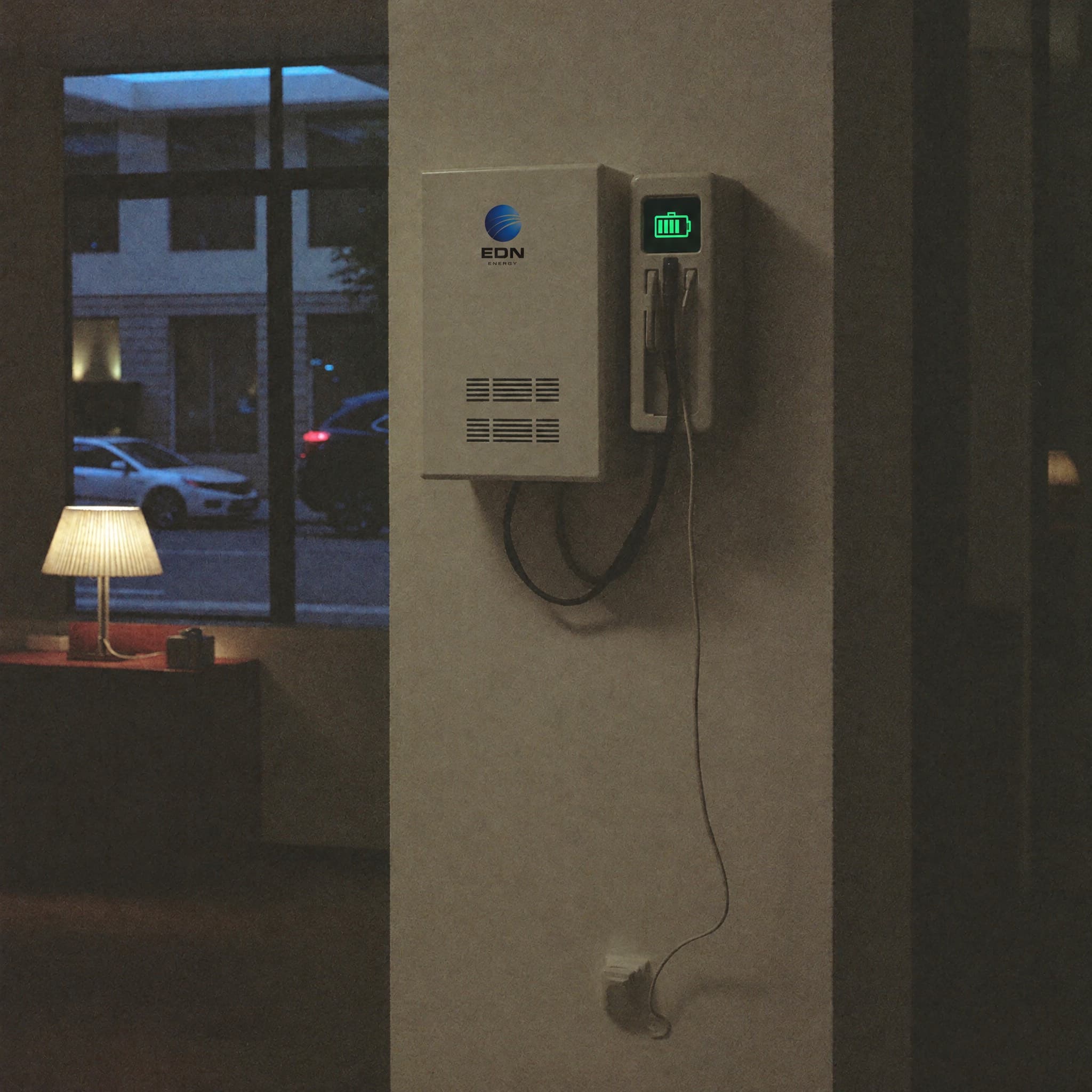 Home battery and inverter keeping a living room lit at night