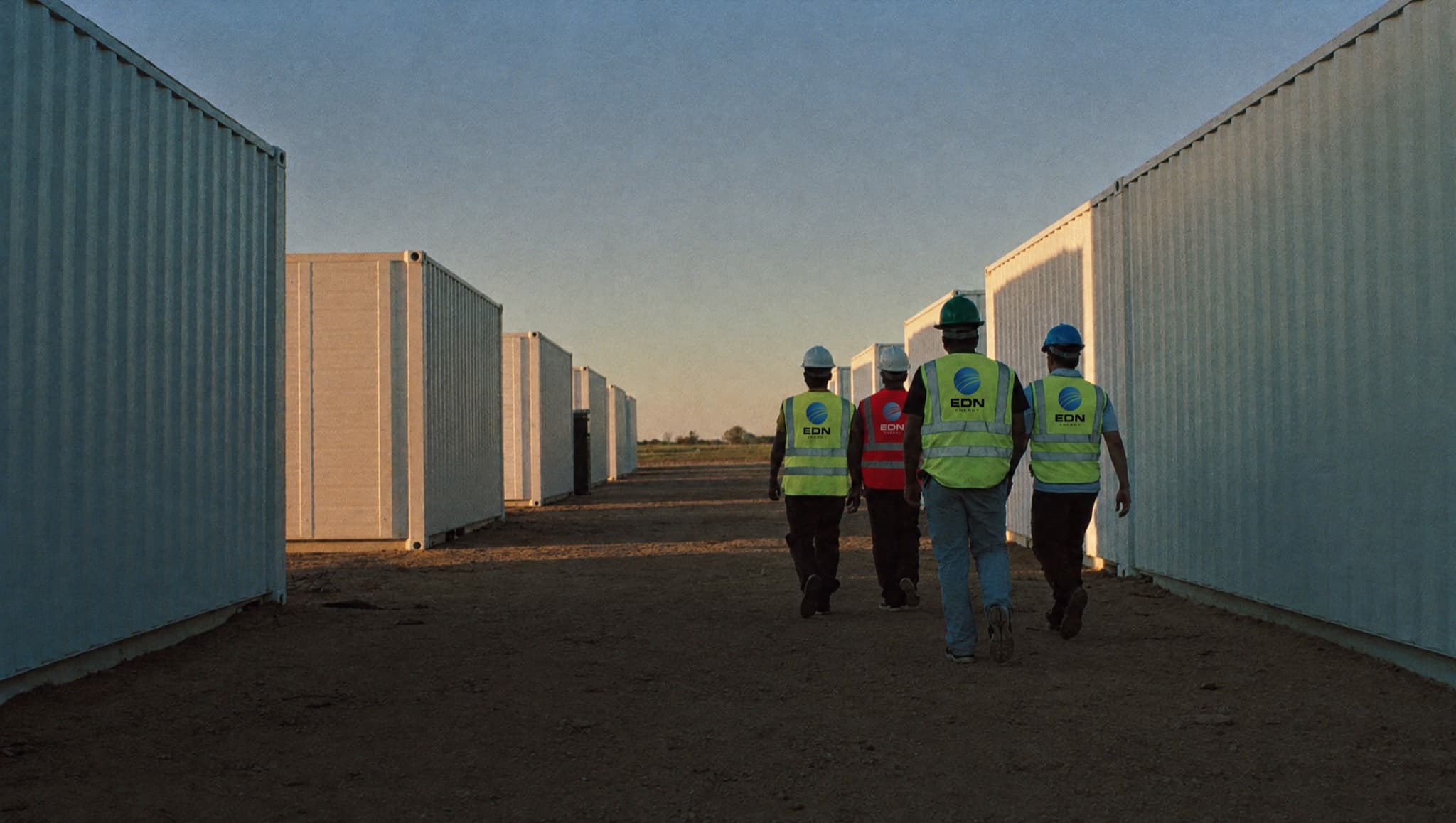 Field engineers walking between battery storage containers at sunrise