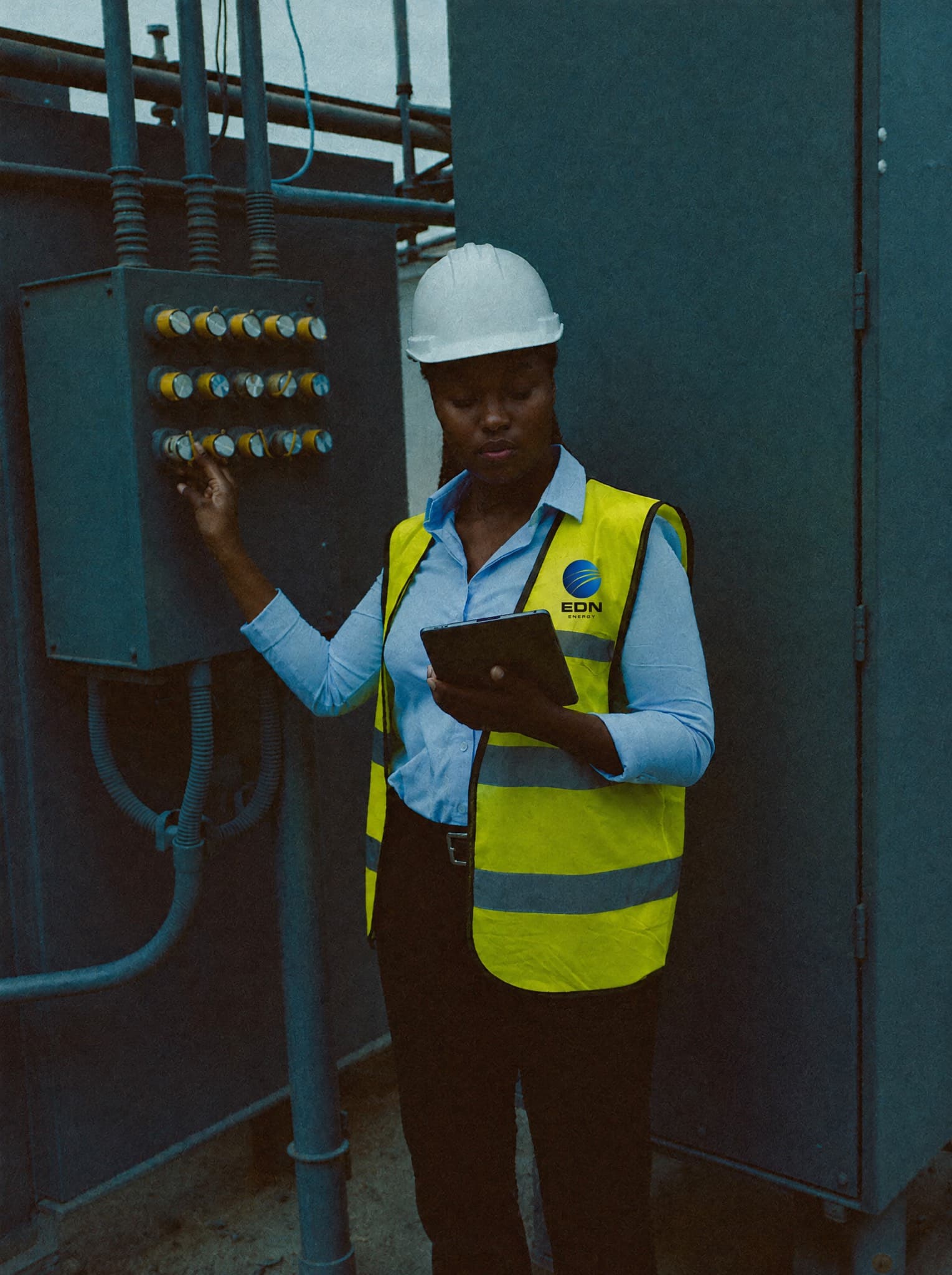 Electrical engineer inspecting a distribution transformer with a tablet